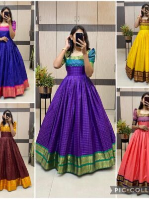 Rich cotton silk gfown with pleated flare