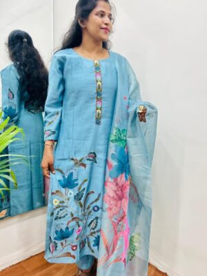 Katha work with hand paint 3 piece kurta set with soft organza dupatta and chinon pant