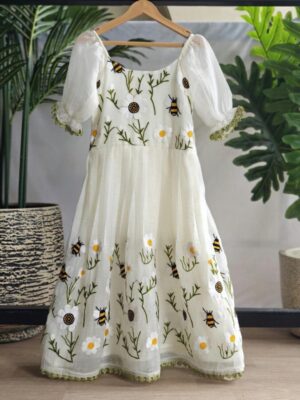 Honeybee crush organza off-white dress with soft puff sleeves