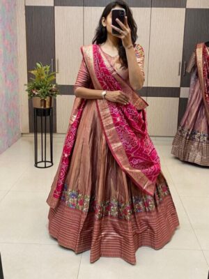 Tissue Paithani Lehengas with bandhej dupatta