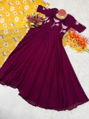 Beautiful Vichitra Hand painted Maggam work Gown with Duppata
