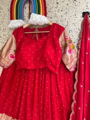 trending flamingo viscose dola silk lenenga with cut work lace paired with stiched blouse and dupatta