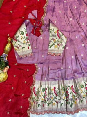 Two tone tissue silk with Paithani silk border with fully stitched designer lehenga choli with Embroidered border on duppata