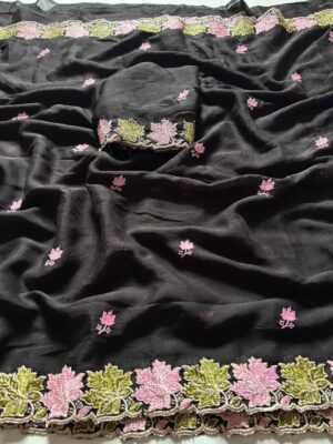 Rangoli crush silk with beautiful embroidery  work with cut work border  Blouse - contrast work blouse