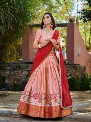 Capture Attention with Our Stunning Cotton Silk Lehenga Featuring Detailed Thread Embroidery and a Beautifully Drape Georgette Dupatta