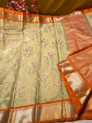 Khas khas tissue gold silk with elegant heavy embrodery boota work all over with golden kanchi border combined with running contrast pallu