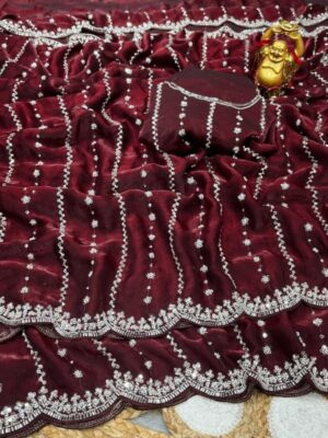 space silk sarees in velvet shine adorned with sequence and cutdana delicate handwork