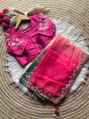 soft Tabi silk with fully hand embroidery work border included sequence, coding & thread with scalp edging.  Blouse :-  Sattin silk Bhandej print & fully hand embroidery work with sequins
