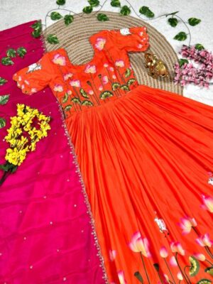 Pulmy Silk Fabric with Lotus Print & Maggam Work, stunning design, perfect for special occasions like Elegant look, rich texture, and beautiful Maggam embroidery details make it extraordinary.