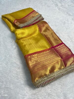 Kanjivaram soft silk saree with beautiful stone lace work paired with contrast blouse and pallu