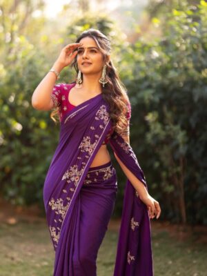 Soft natural viscose chinnon saree with heavy embroidery sequence work paired with contrast blouse