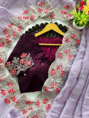 Beautiful embroidery work all over mulmul silk saree with unstitch running blouse come with work