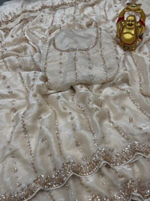 Grand party wear saree in original gold beeds work