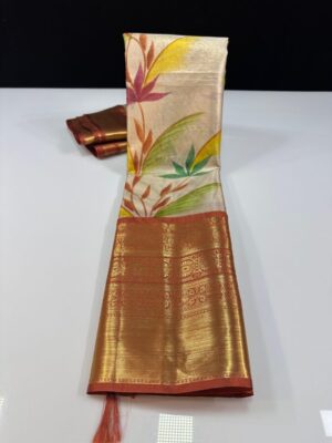 soft Banarasi tissue silk saree with hand painted jaal allover saree With contrast weaving kanchi border
