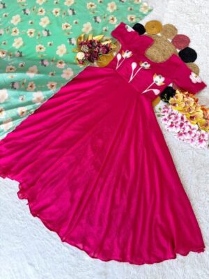 Latest Beautiful Vichitra Hand painted Maggam Work Gown with Dupatta