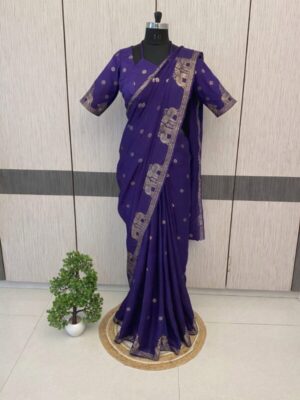 Super trendy Elephant border viscose Russian silk saree with stitched blouse