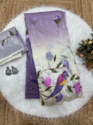 Parrot brush printed gold crush saree with beautiful hand work