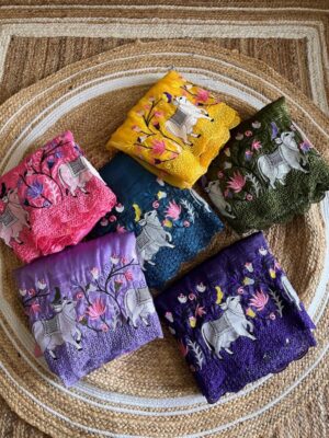Premium Soft Crush with pichwai colourful embroidery work as shown