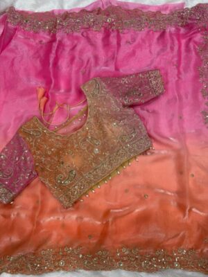fendy sartin fabric with beautiful embroidery with stiched blouse(free size)