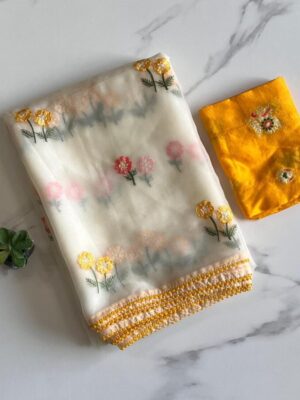 Pure chiffon Organza saree with flower motif embroidery on all over the saree
