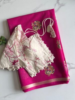 Premium Kota Doriya Saree with Zari & Multi Thread Peacock Embroidery done on all over the saree