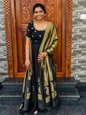 Top Trending Big Boss Tanuja style Beautiful Maggam Work Gown With Tissue Dupatta. A touch of glamour and elegance to your look For Festive Season.