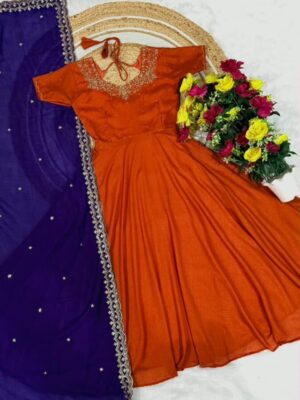 ALL NEW EXCLUSIVE VICHITRA SILK ANARKALI SUIT WITH BEAUTIFUL HAND WORK AND EMBROIDERY DUPPTA WITH FOUR SIDE BORDER LACE - orange, 3XL