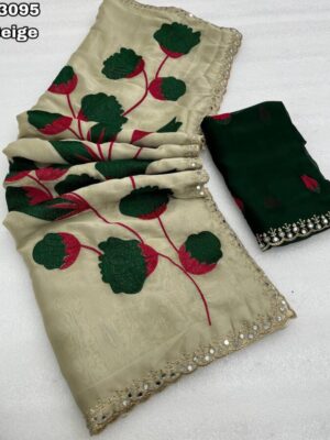 Fabric - Rangoli Georgette Embroidery work saree with embroidery & mirror work scalloped cutwork border