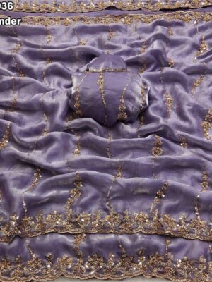 Fabric - Soft & smooth Space silk fendy satin with cutdana & moti handwork with lehariya design comes with scalloped cutwork border