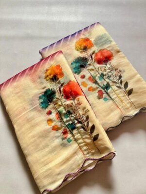 SAREE - SOFT PENNY COTTON WITH flower print WITH AARI SEQUENCES WORK ON PALLU AS WELL AS BORDER.