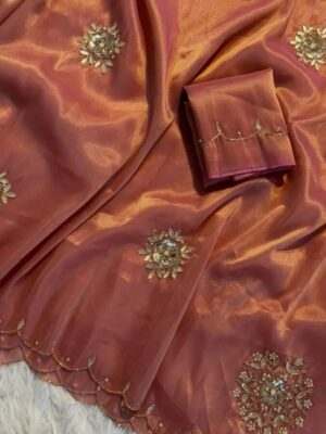 pure soft two tone tissue with handwork saree and sequence work with blouse Cut :-6.5 mtr with blouse