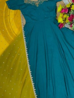 ALL NEW EXCLUSIVE VICHITRA SILK ANARKALI SUIT WITH BEAUTIFUL HAND WORK AND EMBROIDERY DUPPTA WITH FOUR SIDE BORDER LACE