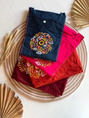 Pure soft cotton 2 piece Kurties of kashida work with 2 side pocket