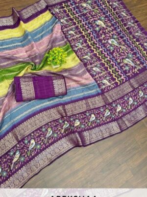 CRUSH SAREE WITH DIGITAL LIKE PRINT And RUNNING CONTRAST BLOUSE