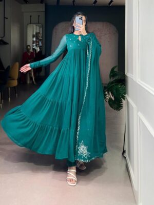 A flowy Anarkali crafted in premium marble fabric, finished with elegant foil work for a refined your look