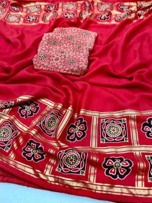 Red colour special batik bandhej lagdi patta with chiffon georgette fabric printed saree with foil print with ranig balous flower print