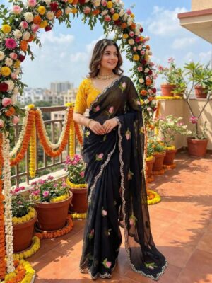 Soft Rangoli silk saree with embroidery work all over saree and beautiful  design and real  mirror work with cut work border