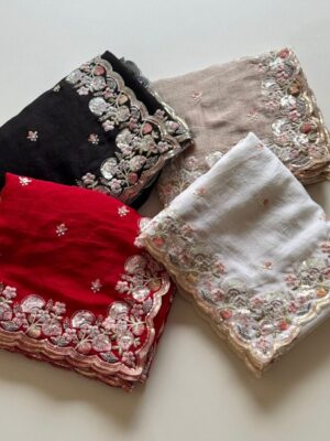 Fabric-Soft Crush Silk Fabric With 4m Sequence Multi Color Embroidery Work And Contrast Matching Embroidery Work Blouse