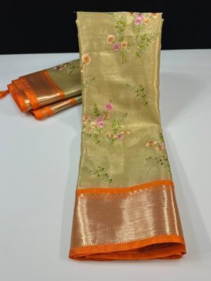 Bringing you all the soft Banarasi premium tissue golden saree with and exclusive embroidery work buta over body of the saree with contrast weaving zari small border