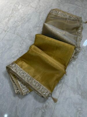 Latest premium golden nd silver tissue Saree with attached lace