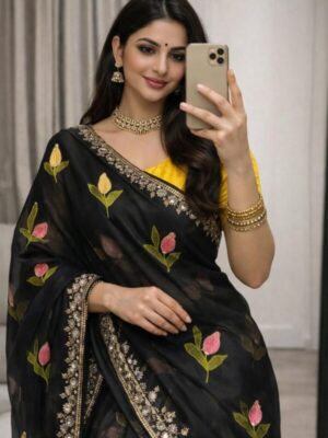 Soft Rangoli silk saree with embroidery work all over saree and beautiful  flower  design and real  mirror work with cut work border