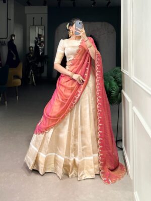 Elegant Golden Zari Weaving Work Lehenga with Zari Shimmer Dupatta