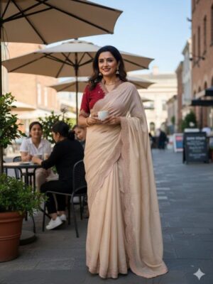 Star Georgette Multi Emrodairy Moti Border Work Saree With Contrast Running Blouse