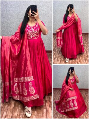New Launching  *vichitra  silk *handwork / Maggam work gown with Fully Handwork Sleeves women's super collection with original modelling. Beautiful fully stitched designer gown with Banrasi Dupatta for Festive Season..