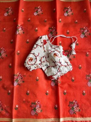 Premium Kota Doriya Saree with Zari & Multi Thread Swan & flower Embroidery done on all over the saree - orange