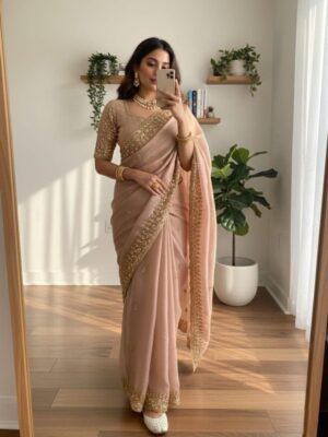 Very soft elegant nd rich look fendy sartin saree with beautiful hand mechine beats cutdana work heavy border nd buttis in all over saree with aarco