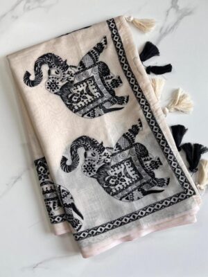 Primium Pure Chanderi Cotton With big Multy Thread Work Elephant Figure All over Saree And Heavy Tussles