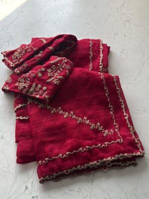 Primium Pure Cruncy Chimmer Crush Fabric With Heavy Multy Coddin mg Sequnce Thread Work And Designer Scalp Border