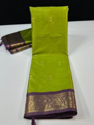 Bringing you all the most demanding soft Banarasi semi-silk saree in with meenakari weaving buty allover saree having contrast weaving small zari banarasi inspired border