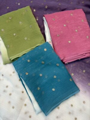 Shaded crunchy fabric saree with beautiful worked butti all over in saree